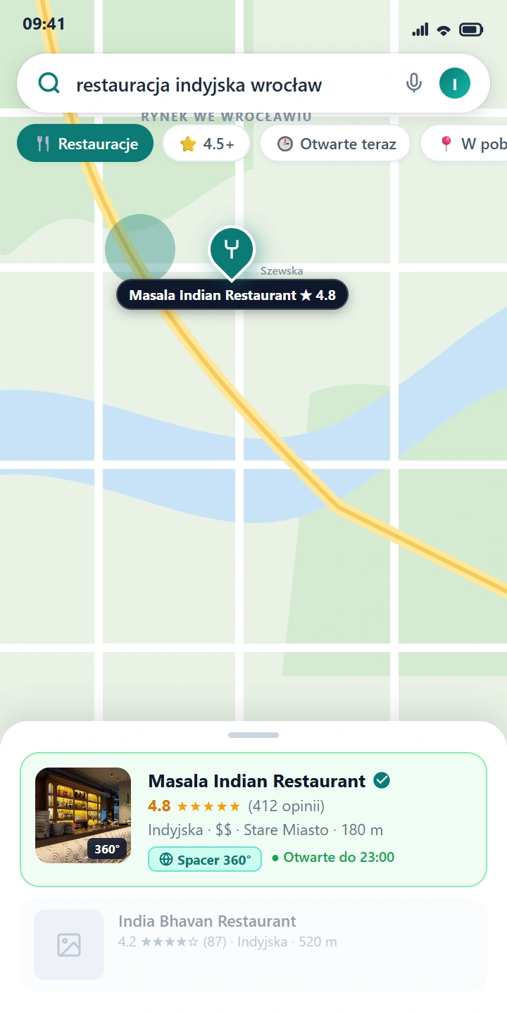 Wyniki Google Maps dla frazy „restauracja indyjska wrocław” z profilem Masala Indian Restaurant