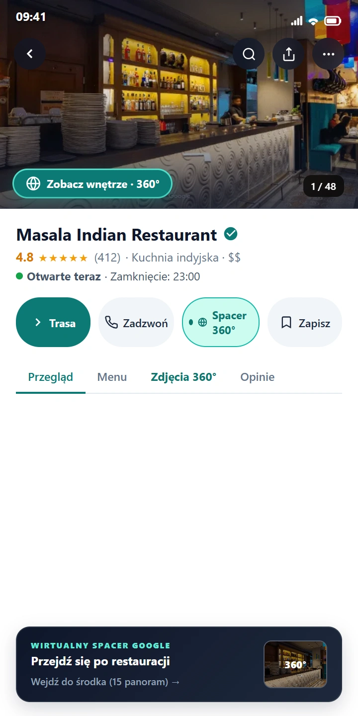 Wizytówka Google Masala Indian Restaurant z kafelkiem spaceru 360°