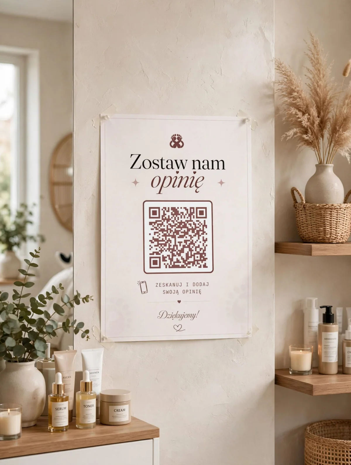 Wizualizacja plakatu QR PodoSisters umieszczonego przy recepcji gabinetu