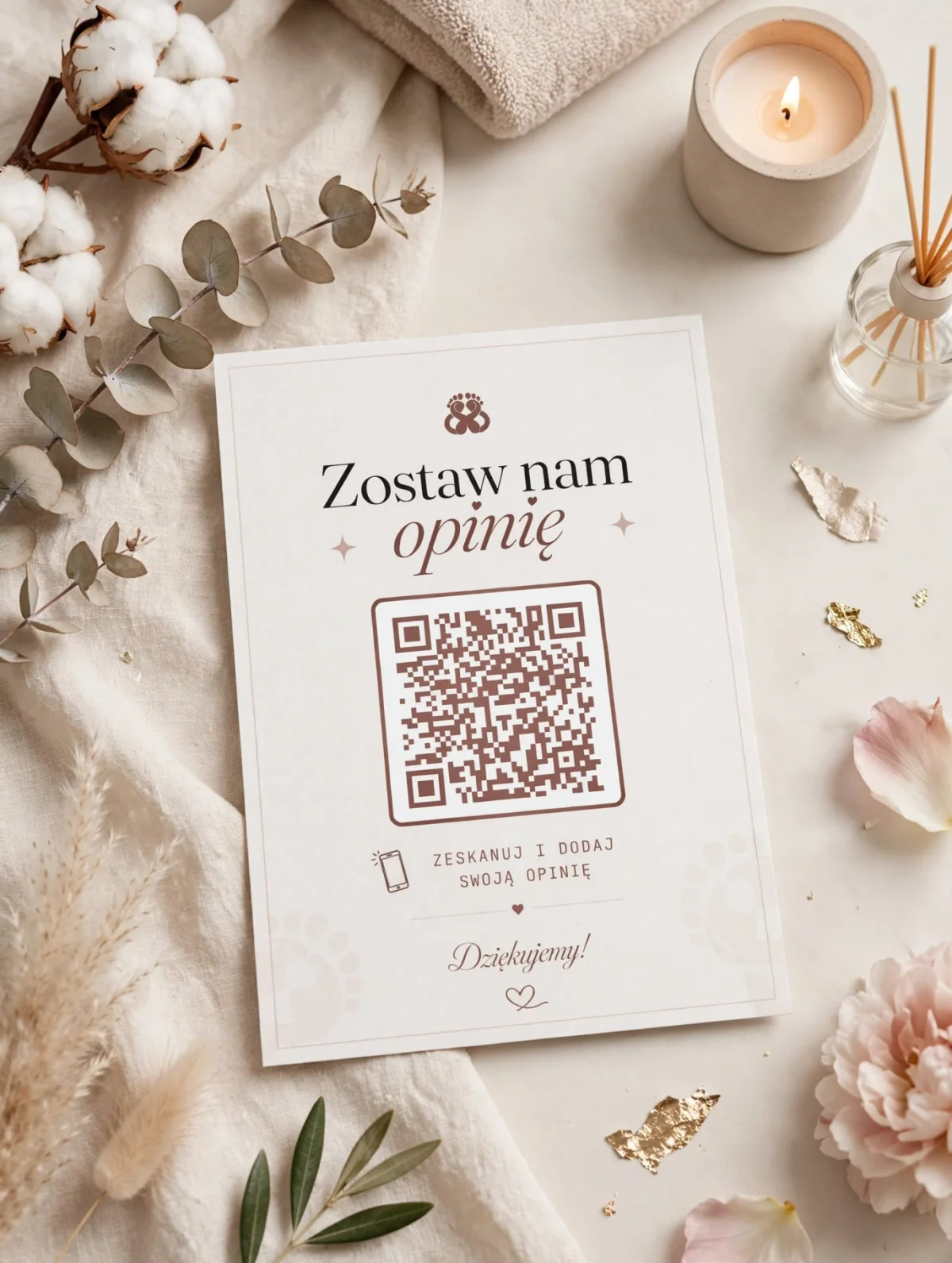 Wizualizacja eleganckiego plakatu PodoSisters z kodem QR do opinii Google w otoczeniu produktów salonowych