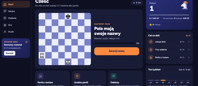 Ekran Start aplikacji szachmaty.pl: plansza z następną lekcją, cel na dziś i poziom gracza