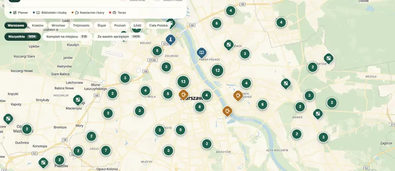 Szachowa Mapa: mapa Warszawy z klastrami miejsc do gry w szachy