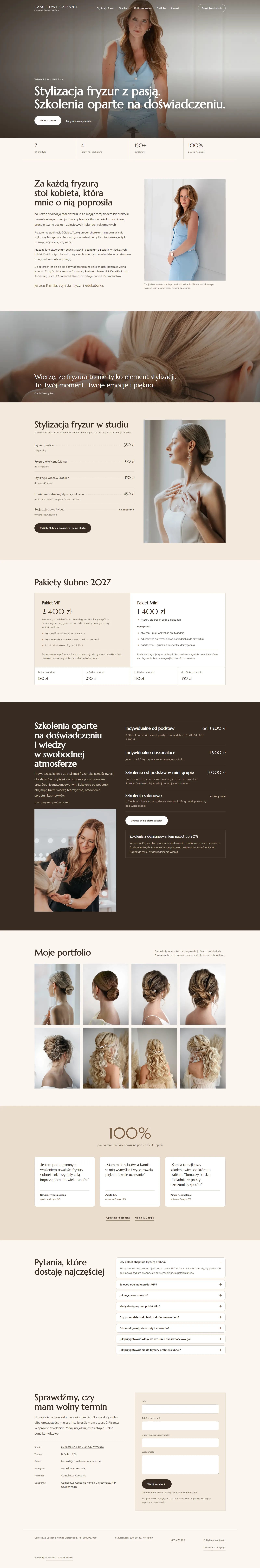 Pełny widok strony głównej camelioweczesanie.com na komputerze: zdjęcie Kamili, liczby, o mnie, cytat, cennik w studiu, pakiety ślubne, szkolenia na brązowym tle, portfolio ośmiu fryzur, opinie, pytania i formularz