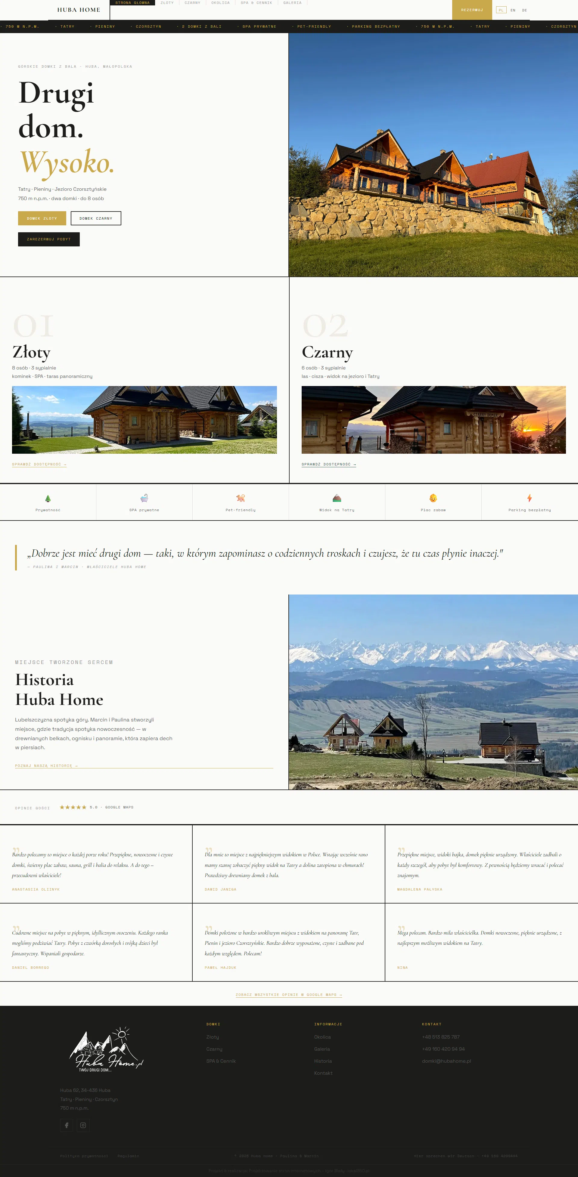 Strona internetowa Huba Home — luksusowe domki z bali w Tatrach z autorskim systemem rezerwacji