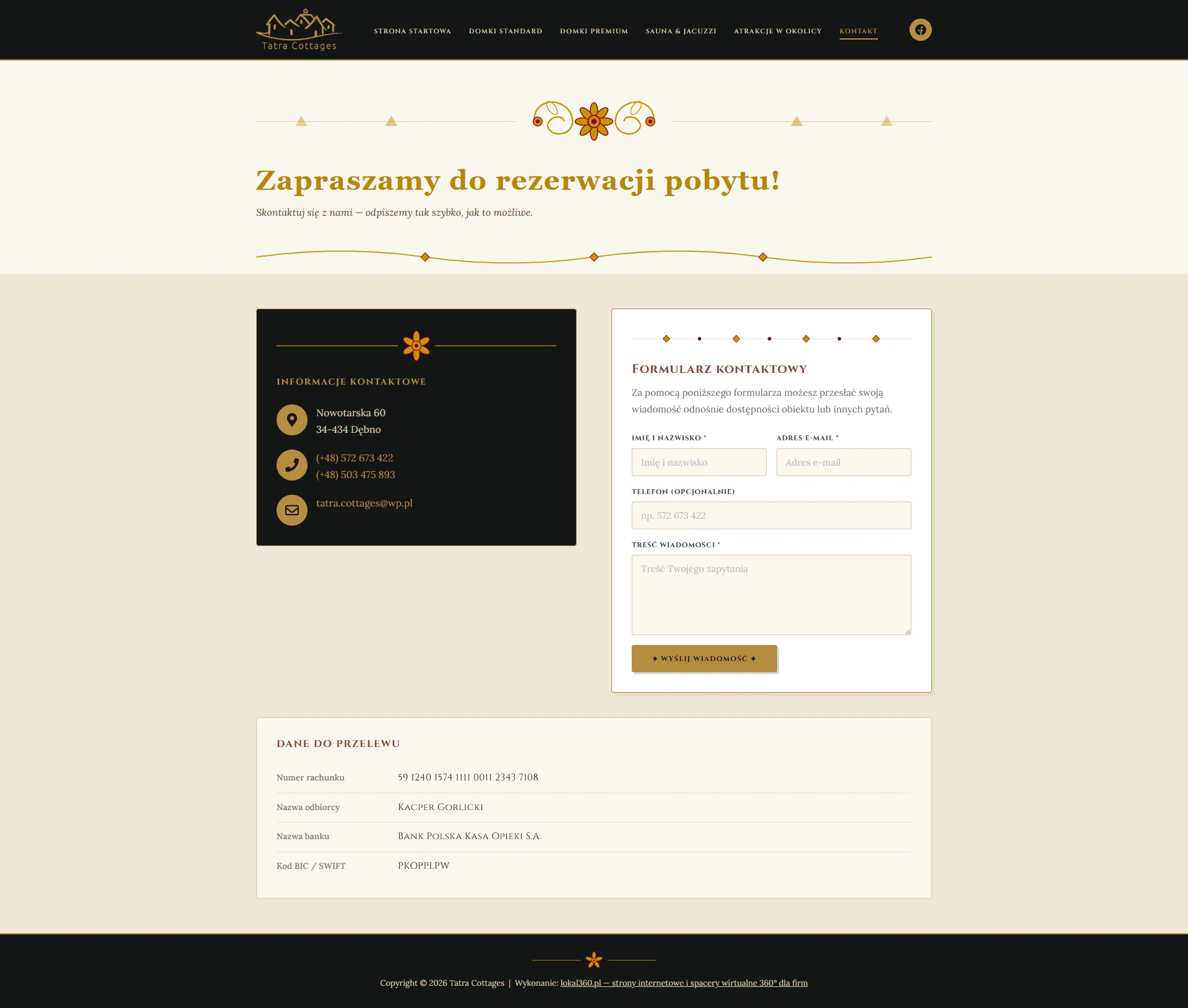 Strona internetowa Prowincja Tatra Cottages — formularz kontaktowy desktop