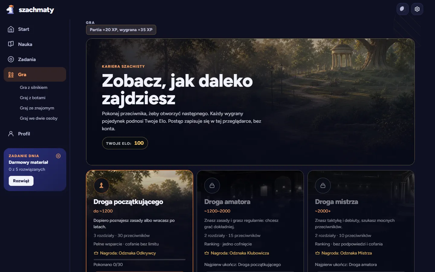 Ekran kariery w aplikacji Szachmaty: Zobacz, jak daleko zajdziesz, trzy drogi: początkującego, amatora i mistrza