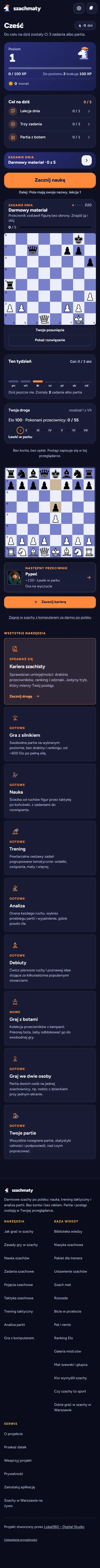 Szachmaty.pl na telefonie (07.10.2026): poziom, cel na dziś, zadanie dnia, kariera i lista narzędzi
