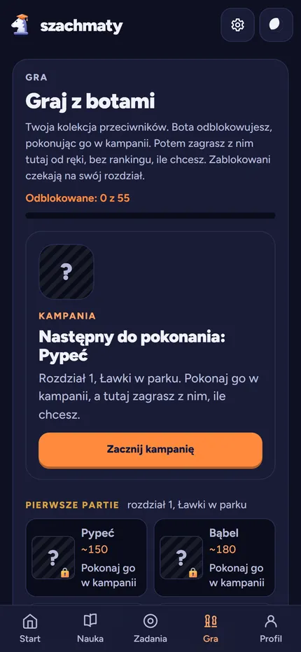 Graj z botami w aplikacji Szachmaty na telefonie: następny do pokonania i pierwsze partie kampanii