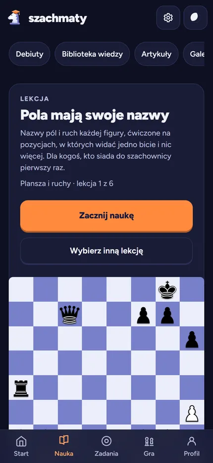 Nauka w aplikacji Szachmaty na telefonie: lekcja Pola mają swoje nazwy i plansza