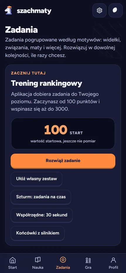 Zadania w aplikacji Szachmaty na telefonie: trening rankingowy, Szturm, współrzędne i końcówki z silnikiem