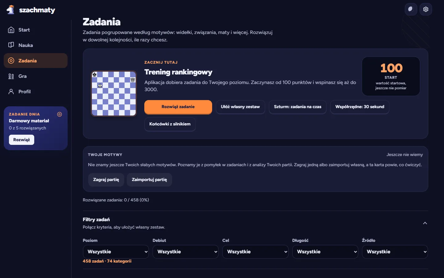 Ekran Zadania w aplikacji Szachmaty: trening rankingowy z wartością startową 100, Szturm, współrzędne, końcówki z silnikiem i filtry zadań