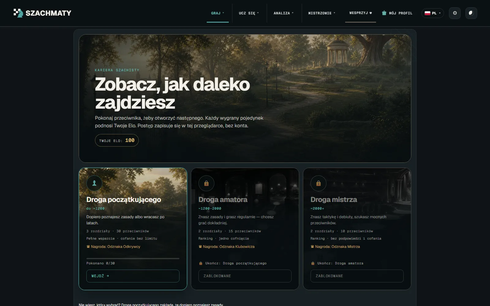 Ekran kariery szachisty w aplikacji Szachmaty: hero z parkiem, licznik Elo i trzy ścieżki rozwoju