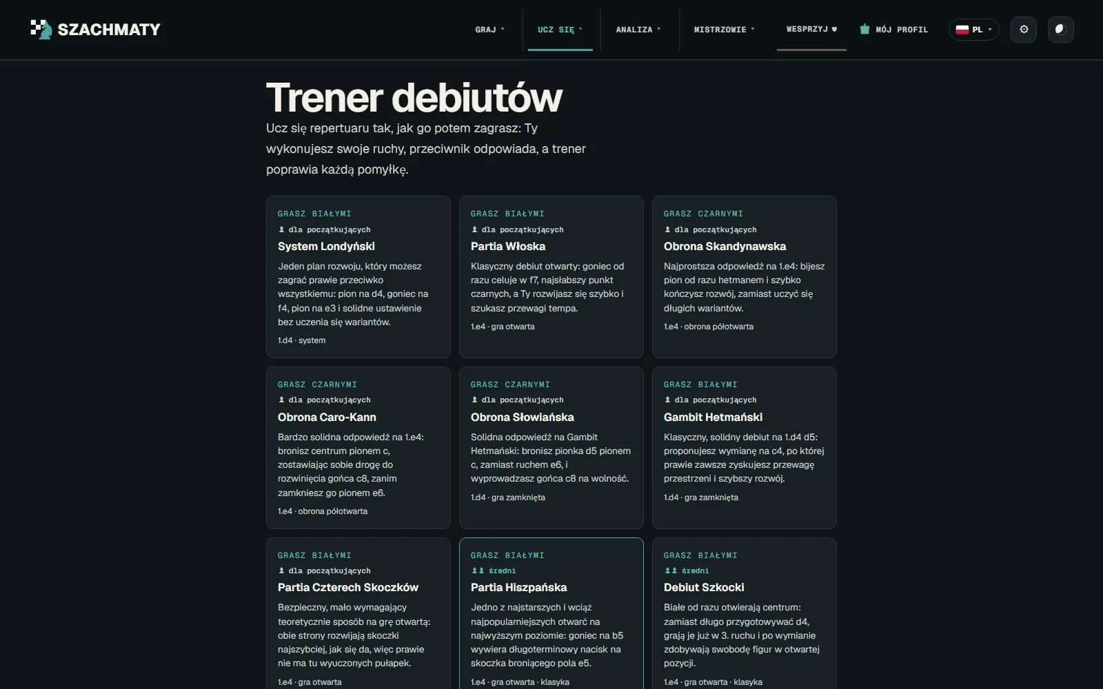Trener debiutów w aplikacji Szachmaty: kafle repertuarów z oznaczeniem koloru i poziomu trudności