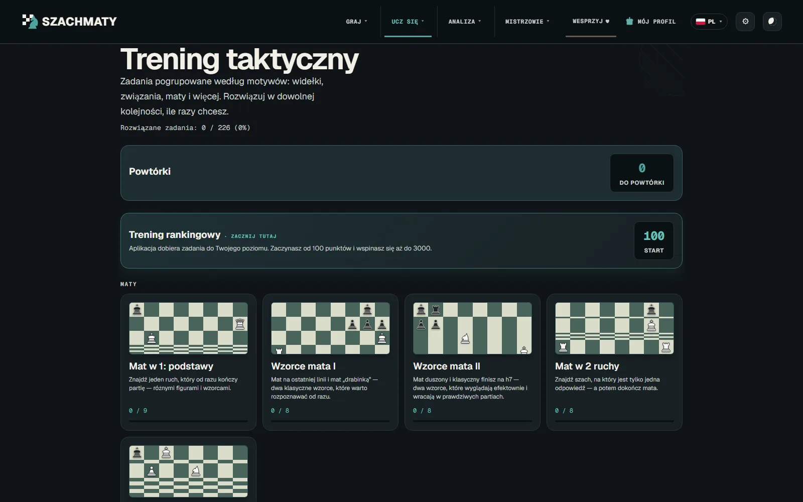 Trening taktyczny w aplikacji Szachmaty: pasek powtórek, trening rankingowy i kafle kategorii z miniaturami pozycji