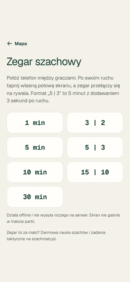 Zegar szachowy szachowamapa.pl na telefonie z wyborem tempa od 1 do 30 minut