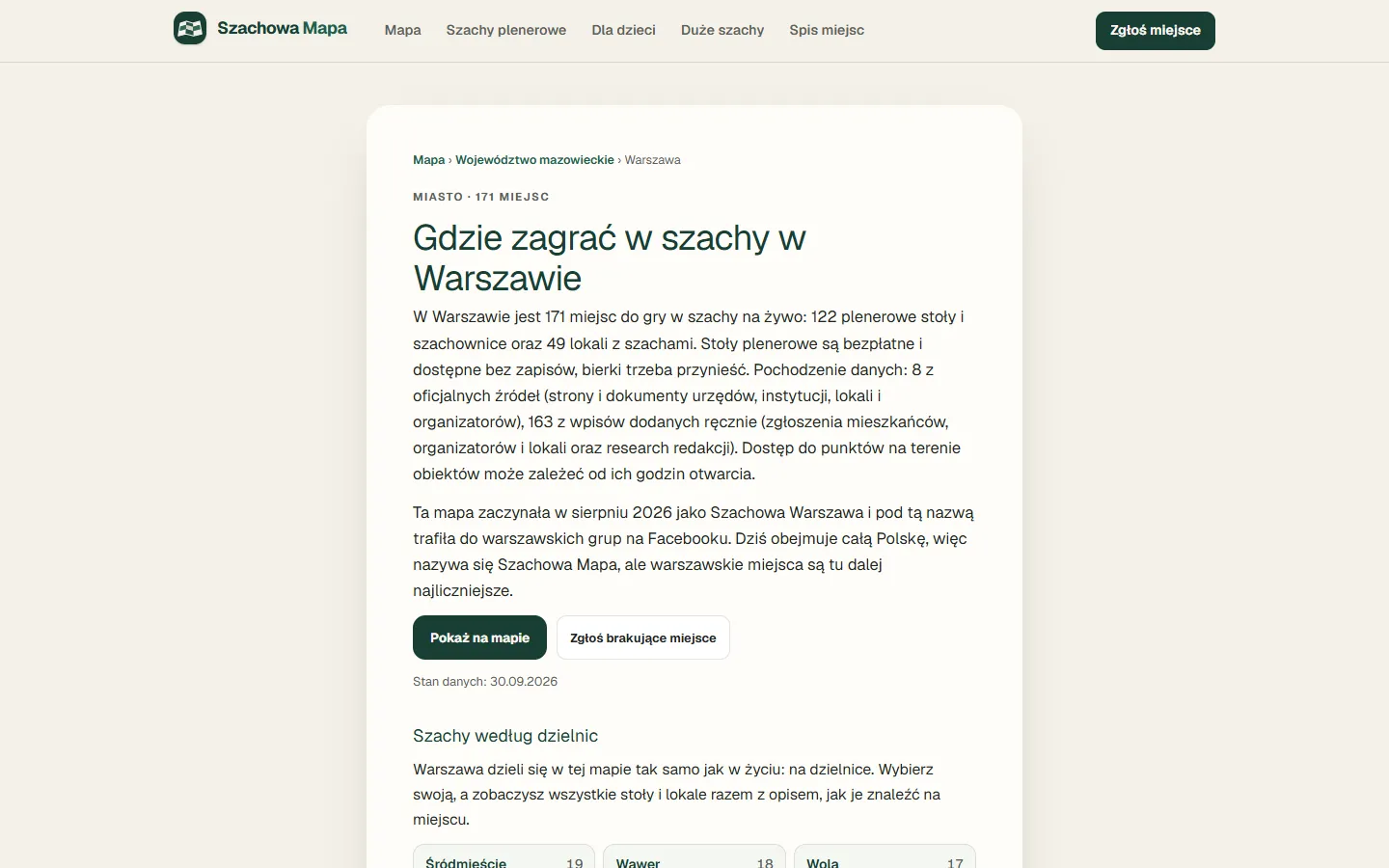 Strona Warszawy na szachowamapa.pl: 171 miejsc, opis źródeł danych i przyciski Pokaż na mapie oraz Zgłoś brakujące miejsce