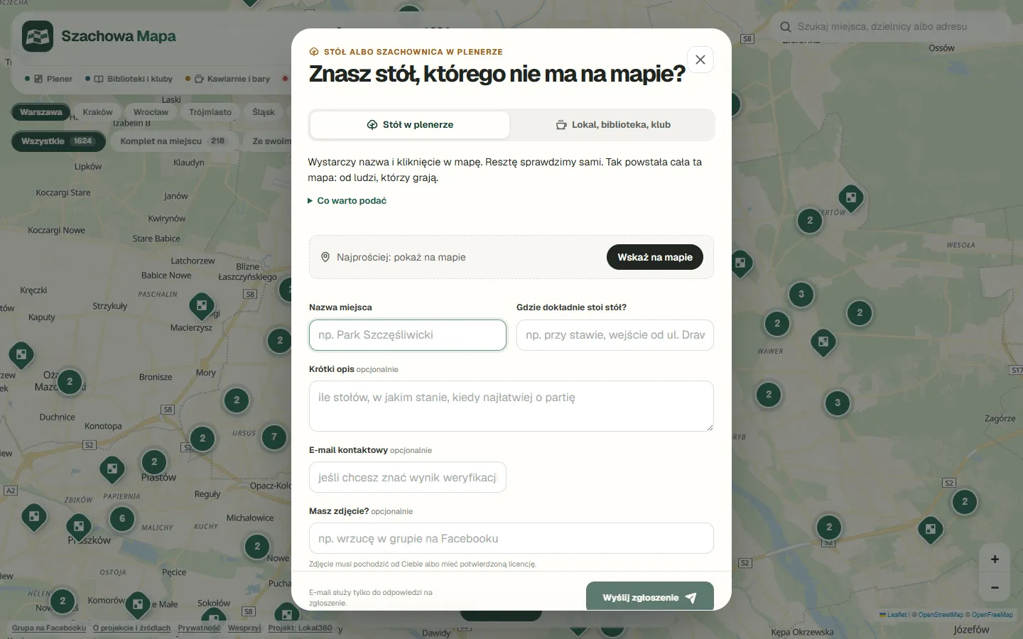 Formularz Znasz stół, którego nie ma na mapie? z zakładkami stół w plenerze oraz lokal, biblioteka, klub i wskazaniem punktu na mapie