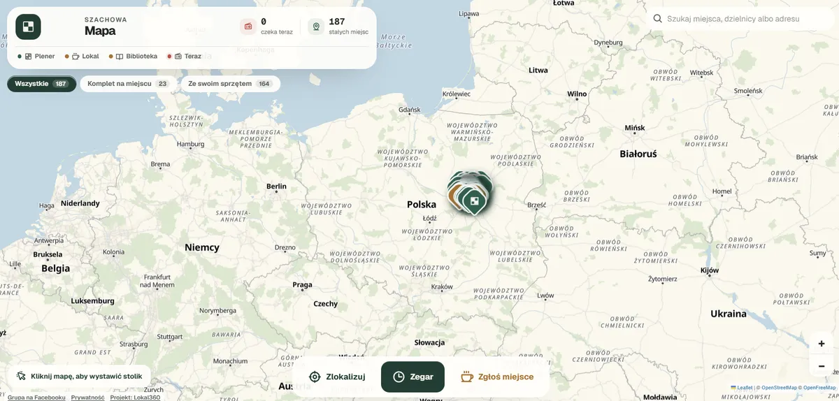 Szachowa Mapa czwartego dnia: licznik pokazuje 187 stałych miejsc, widok na całą Polskę z jednym klastrem