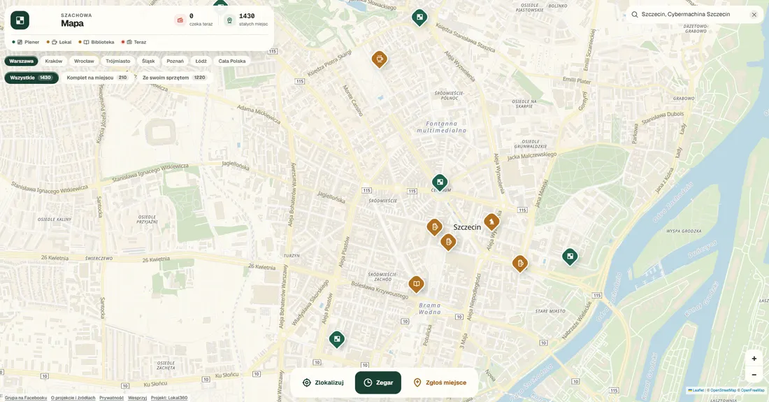 Szczecin na Szachowej Mapie z wpisaną frazą w wyszukiwarce nad mapą