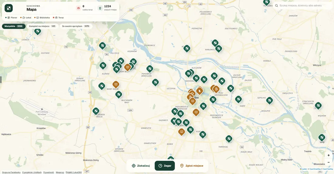 Wrocław na Szachowej Mapie: gęsta siatka pinezek od Leśnicy po Sępolno